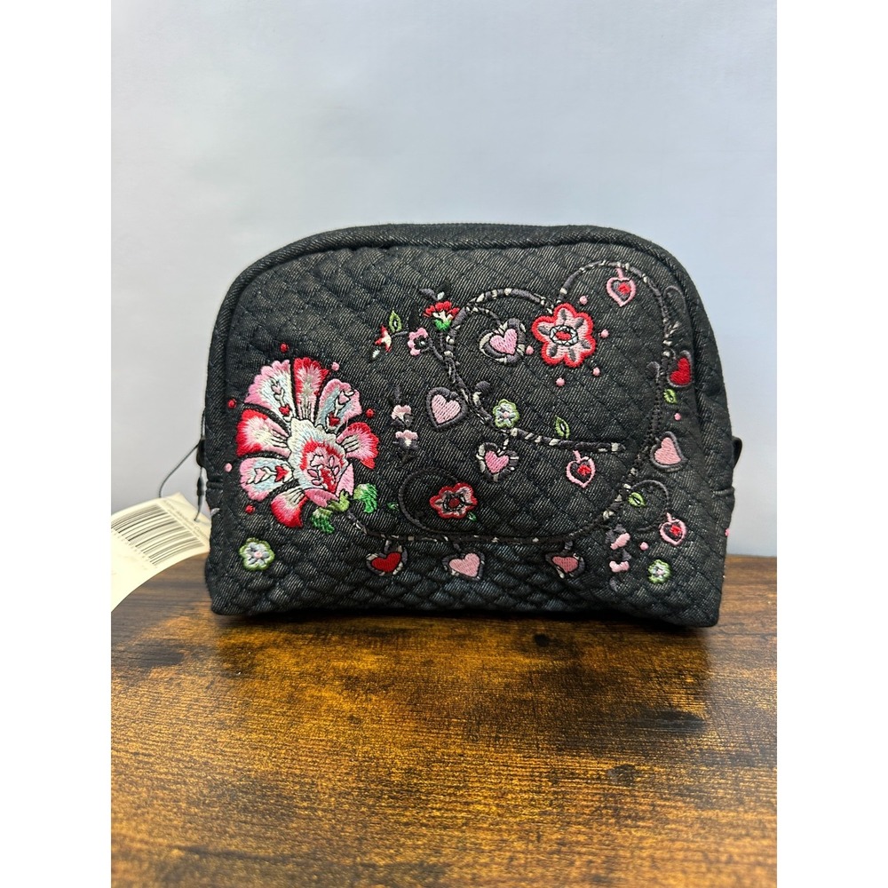 NEW Vera Bradley Iconic Cosmetic Makeup Case Diamond Quilted Floral Embroidered